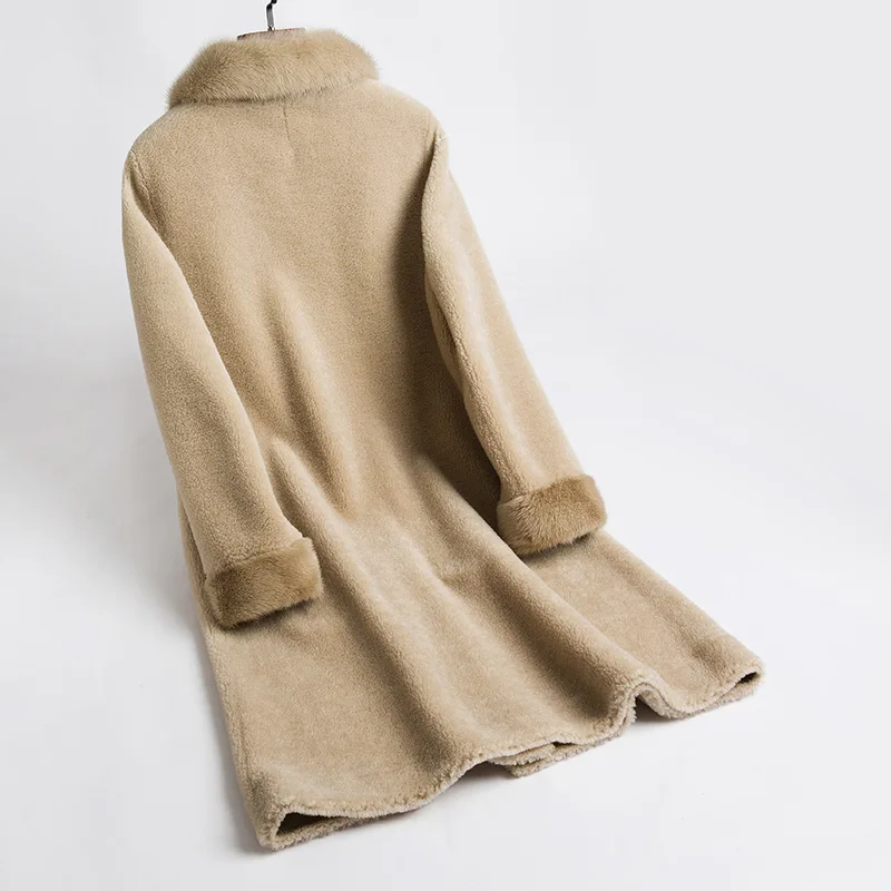 Natural Real Sheep Fur Coat Winter Women Mink Fur Collar Outerwear Long Wool Overcoats Camel Office Lady Warm Female Jackets