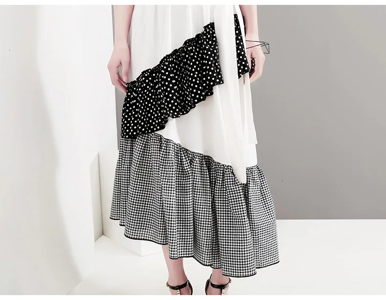 [EAM] New Spring Summer Round Neck Short Sleeve Hem Dot Irregular Plaid Printed Loose Dress Women Fashion Tide JT0880