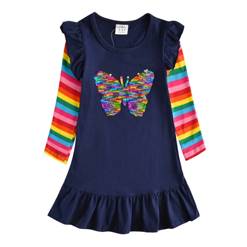 Dxton Long Sleeve Girls Dress 2019 Winter Children Costume Sequin Butterfly Striped Casual Dresses Christmas Baby Clothes | Детская