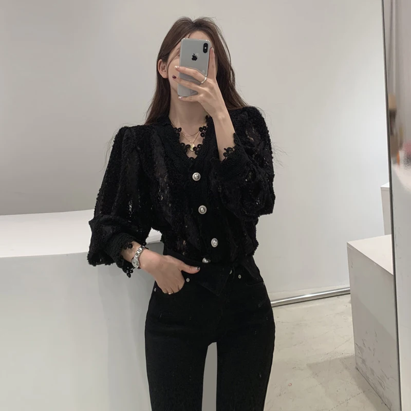

2021 New Women's Beige Shirts blusas V-neck Long Sleeve Lace Hollow out Lace top camisas mujer Blouses Shirts kimono Lace 1T021