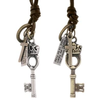 fashion new jewelry simple pull adjustment retro cowhide necklace crown key pendant accessories
