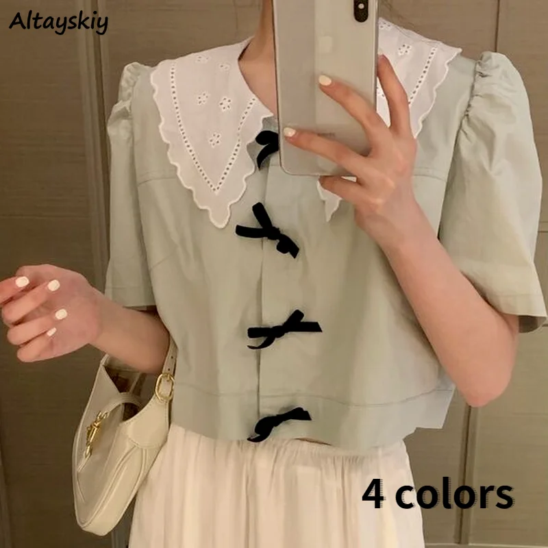 

Shirts Women 4 Colors Elegant Peter Pan Collar Fashion Puff Sleeve Casual Bow Straight Summer Korean Style Simple High Street