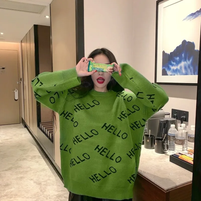 Gaganight Хелло Свободный Повседневный женский свитер с длинными рукавами и круглым