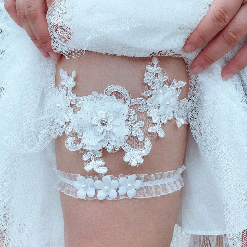 

Women Wedding Garter Flowers Lace Patchwork Hollow Female Elastic White Leg Ring Beading Embroidery Sexy Thigh Ring Garter