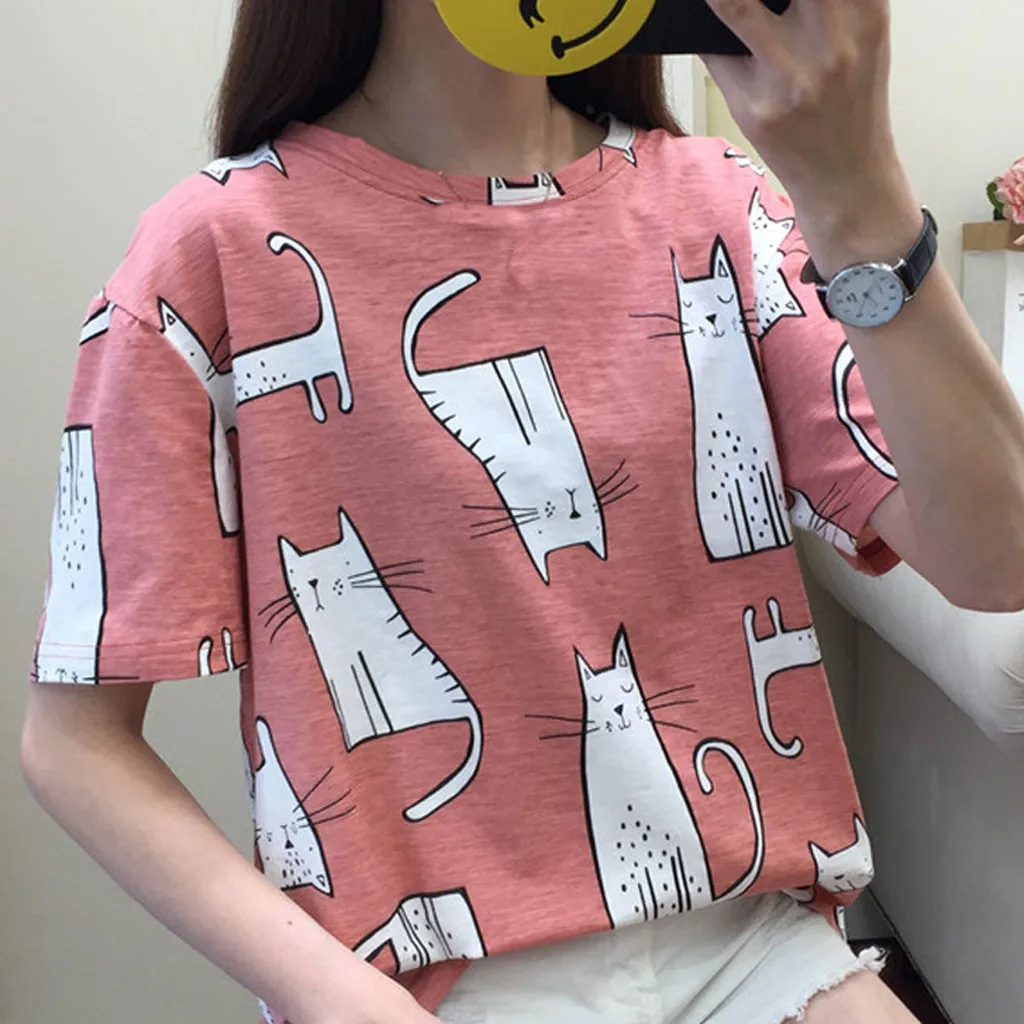 Милая мультяшная кошка с длинным хвостом напечатанная женская футболка новинка