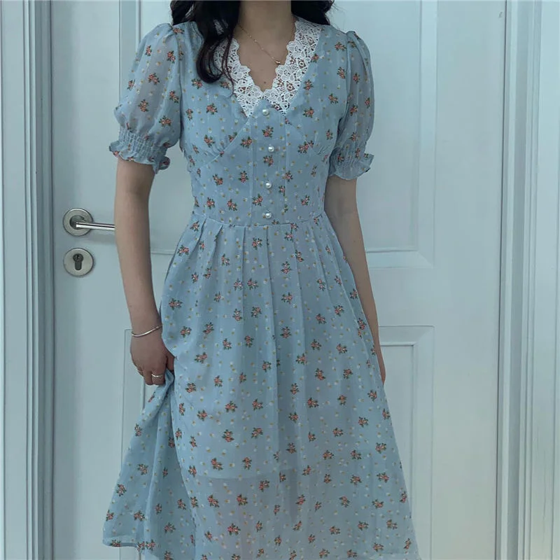 

Vintage Floral Dress Women Elegant Lace Chiffon Korean Party Dress Puff Sleeve V Neck Midi Dress Fall Dresses for Women 2021
