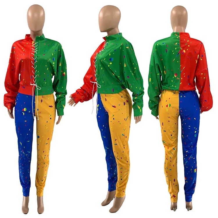 

Hot Selling Women Causal Sets Sports Style Contrast Color Patchwork Graffiti Printing Lace-up Long Sleeve Loose Tops + Pants