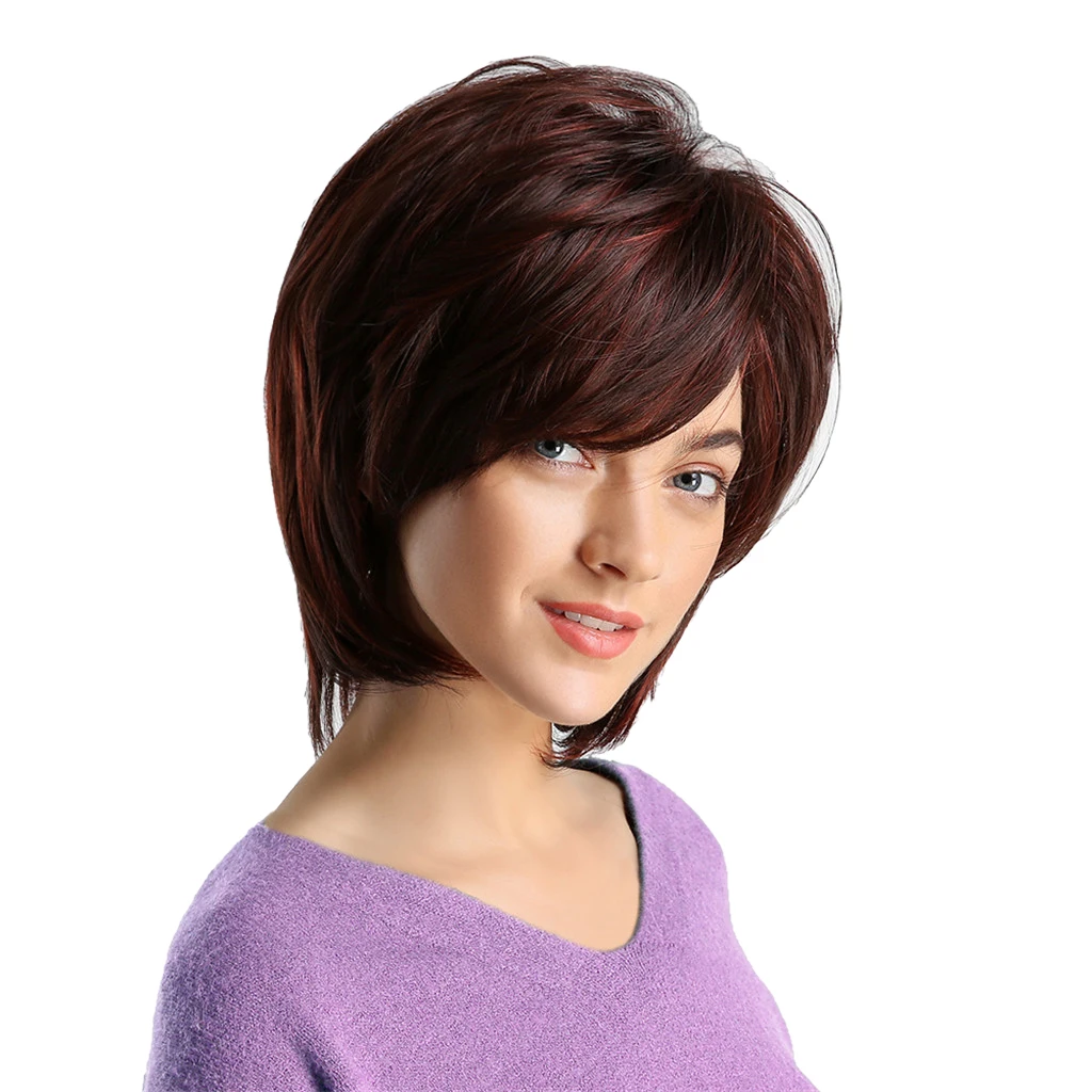 

Red Brown Short Synthetic Hair Wigs Women Full Bob Wig W/ Part Bangs