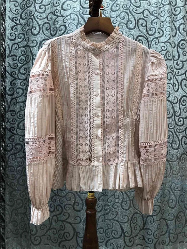 

Hollow Out Embroidery Shirts 2020 Spring Summer Vintage Blouses Women Crochet Lace Patchwork Long Sleeve White Black Shirts