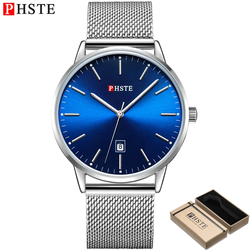 Синий PHSTE Men Quartz Watch Japan Movt Luminous Date Thin Clock Waterproof Black Steel Mesh Luxury Male Wrist Watch Relogio Masculino - Цвет: Синий