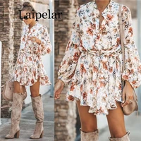 laipelar new women streetwear v neck high waist ruffles dress autumn casual print loose long sleeve above knee dress