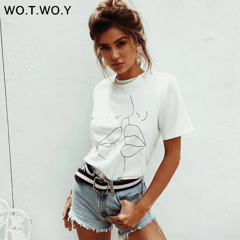 WOTWOY Tumblr Lips футболка женская летняя с круглым вырезом повседневные топы с принтом женская хлопковая с коротким рукавом забавная футболка Женская Harajuku
