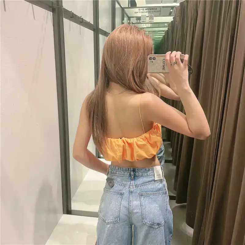 

NWOMN Crop Top Woman 2021 Za Orange Bandeau Bikini Summer Top Women Pleated Sleeveless Tanks Camis Puffy Effect Sexy Beach Wear