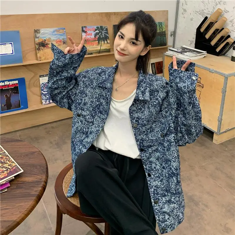 

Denim Jackets Women Vintage Blue Wash Long Sleeve Casual Coat 2021 Spring Autumn Star Print Fashion Streetwear Jean Jacket