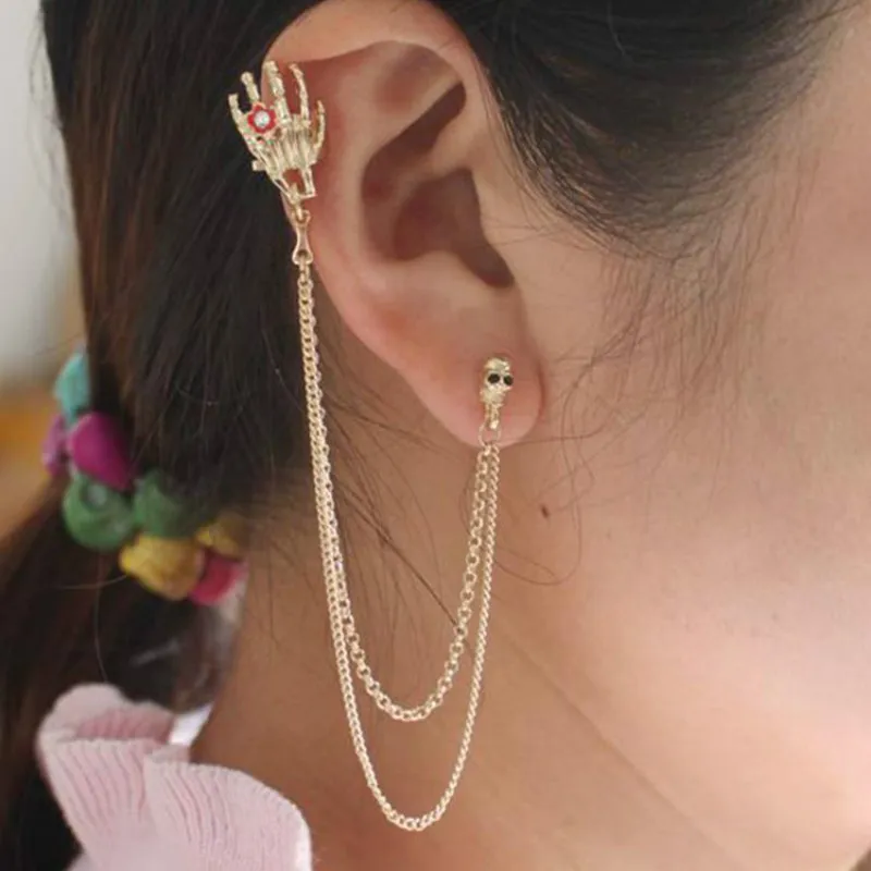 

Nightclub Gothic Punk Skull Ear Cuff Earrings for Women Gold-Color Skeleton Bone Hand Clip on Earrings Halloween Gift 1pc