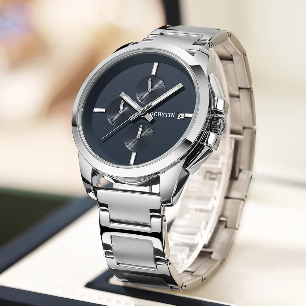 Часы-хронограф мужские Кварцевые водонепроницаемые из нержавеющей стали -