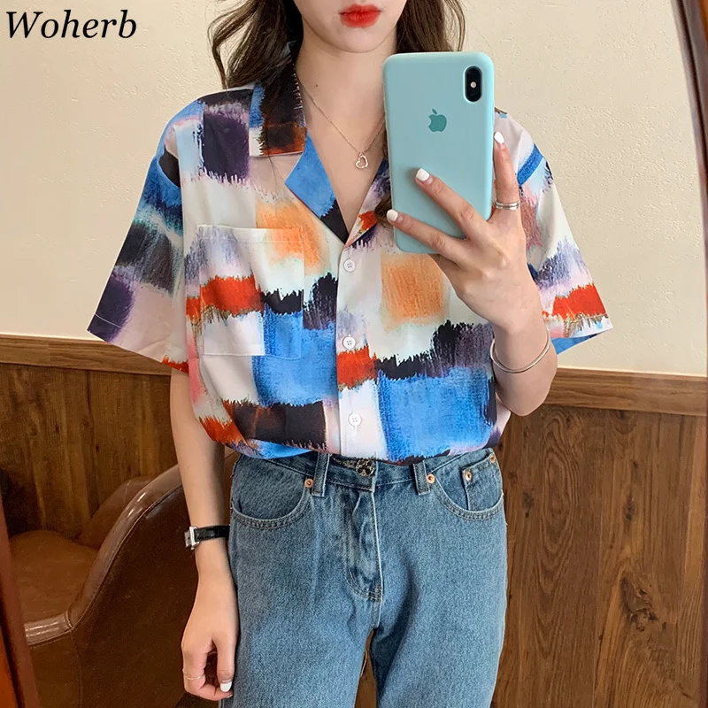 Блузка woherb Женская в клетку с принтом тай-дай Свободный Топ коротким рукавом