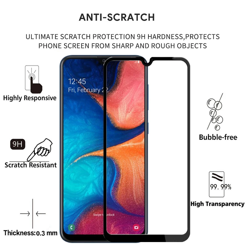 Защитное стекло SM A205F закаленное с полным покрытием для Samsung Galaxy A20 2 шт. | Мобильные