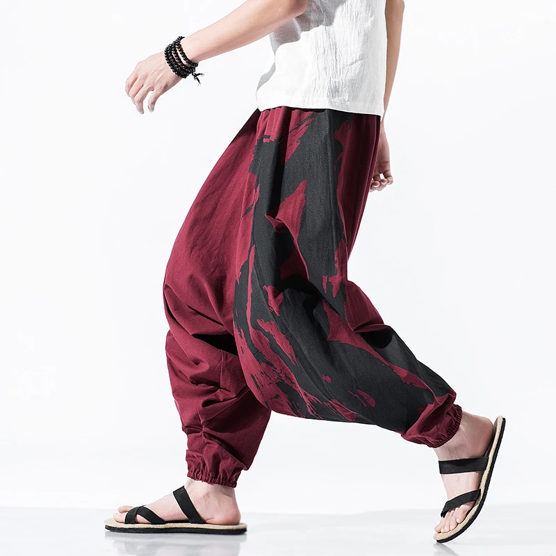 Брюки-султанки мужские свободные штаны для йоги хлопково-льняные брюки в стиле