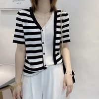 women knitted cardigan sweaters black and white striped sweater for women short sleeve two fake sweater top female 2021 clothing