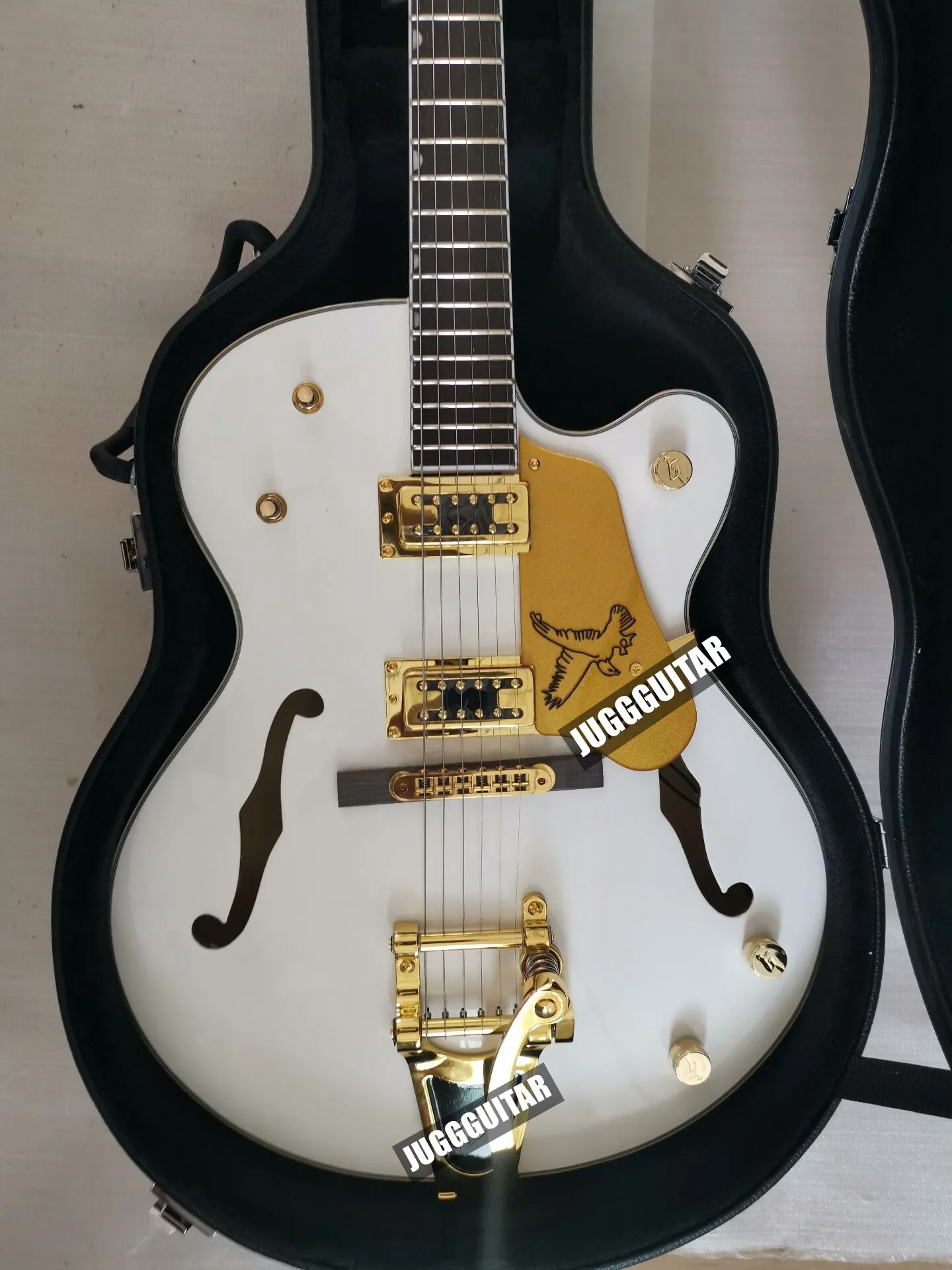 

Collector G6120 White Falcon Hollow Body Jazz Electric Guitar Gold Sparkle Binding, Bigs Tremolo Bridge, Grover Imperial Tuners