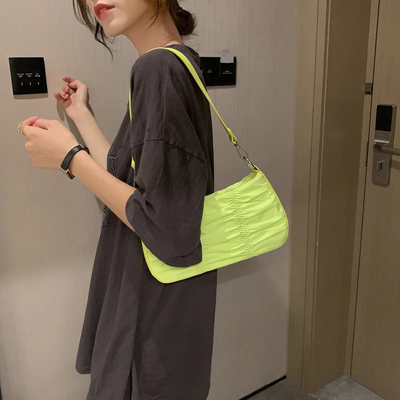 

Niche Bag Female 2021 Summer New Trendy Hobo Wrinkled Nylon Oxford Cloth Rose Red Underarm Shoulder Baguette Bag Tide for Women