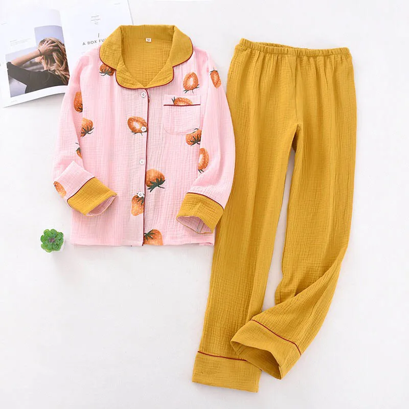 2020 Spring New Ladies Pajamas Set Sweet Strawberry Printed Women Turn-Down Collar Sleepwear Comfort Gauze Cotton Loose Homewear