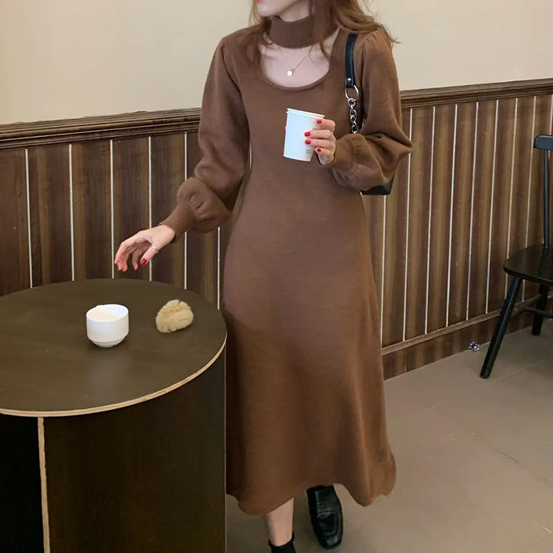 

Sister Fara New Spring Dress Women Long Sleeve Elegant Office Hollow Out Knit Dress Female Square Collar Sweater Pullover Dress