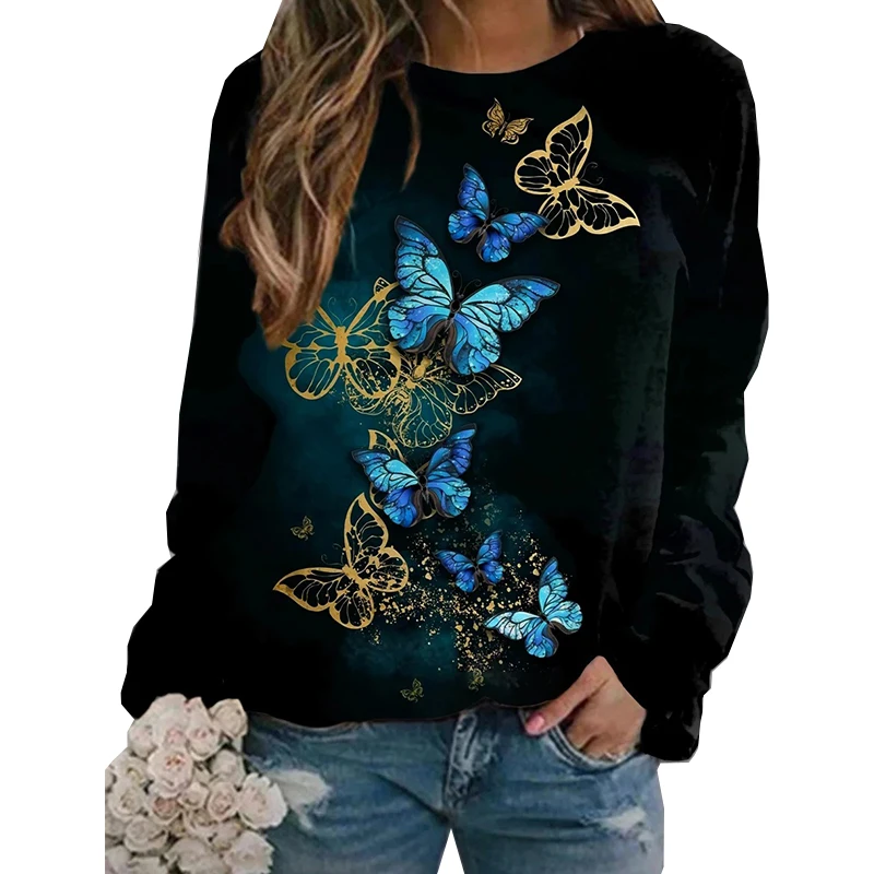 

Vintage Butterfly Print Pullover Retro Women Long Sleeve O-Neck Sweatshirt Casual Street Loose T-Shirt Top Tees Tunic Size S-3XL