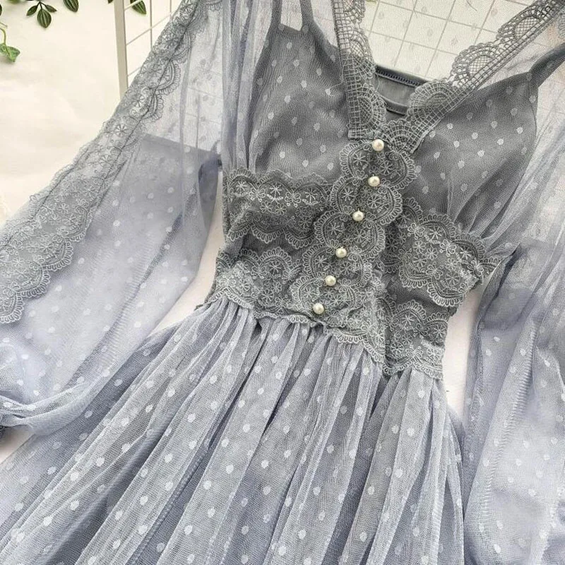 Vestido largo de malla con cuello en V para mujer, ropa elegante de gasa para fiesta, primavera y verano, novedad de 2021