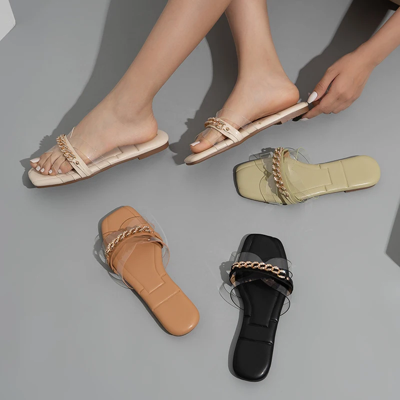 

Fashion sexy Roman style chain transparent open toe flat bottom 2021 summer new style outdoor large size female slippers