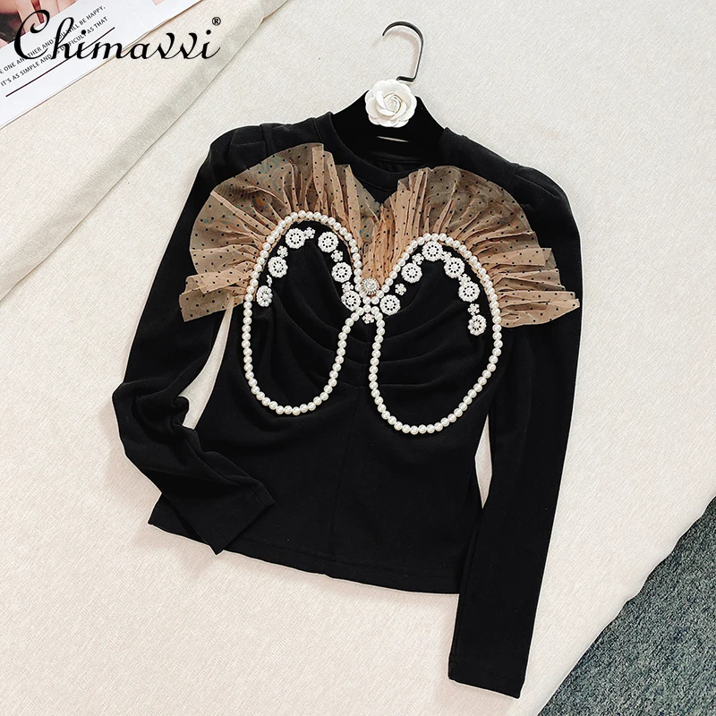 

Women's New Fashion Chic Long-Sleeved T-shirt Ladies Simple Solid Color Puff Sleeve Knitted Top Stitching Velvet Bottoming Shirt