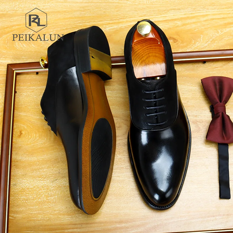 Мужские деловые туфли из натуральной кожи черные оксфорды на плоской подошве