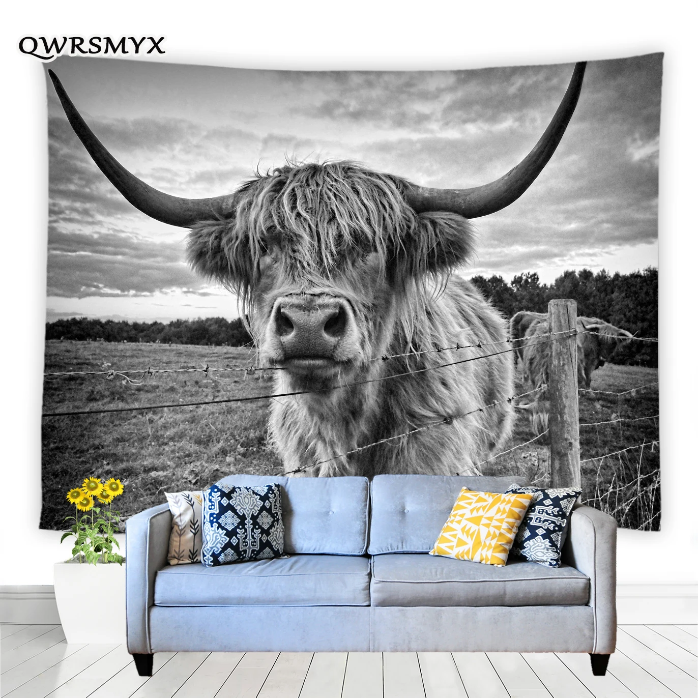 

Highland крупный рогатого скота яка планрия настенная подвеска черно-белое искусство в эстетике спальни Декор фона гобелены