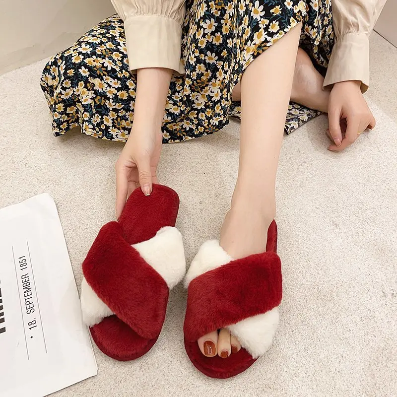 Autumn and Winter Plush Fashion Home Furry Cotton Slippers for Women's Outer Wear Flat-bottom Non-slip Warm Women's Slippers