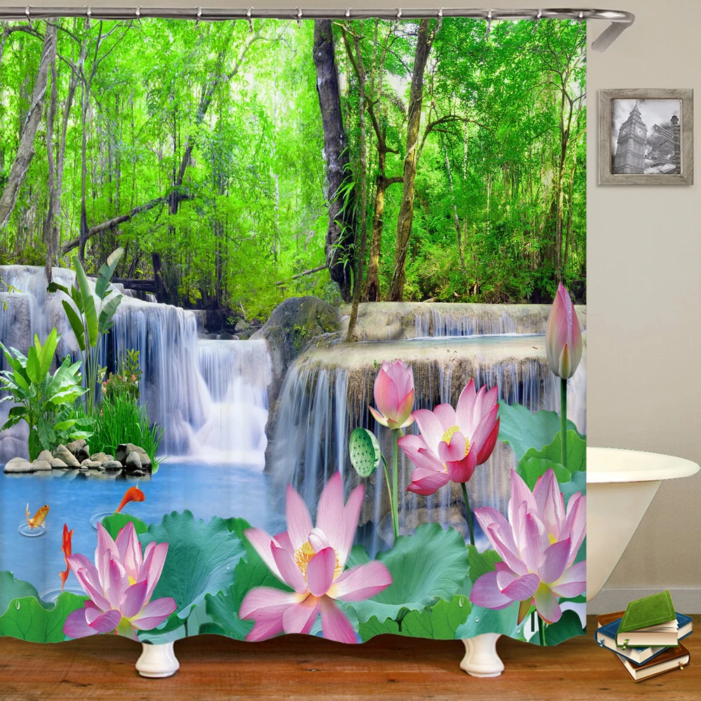 

Forest Natural landscape Shower Curtain Waterproof Fabric Waterfall lotus Printing Bath Curtains for Bathroom Decor with Hooks