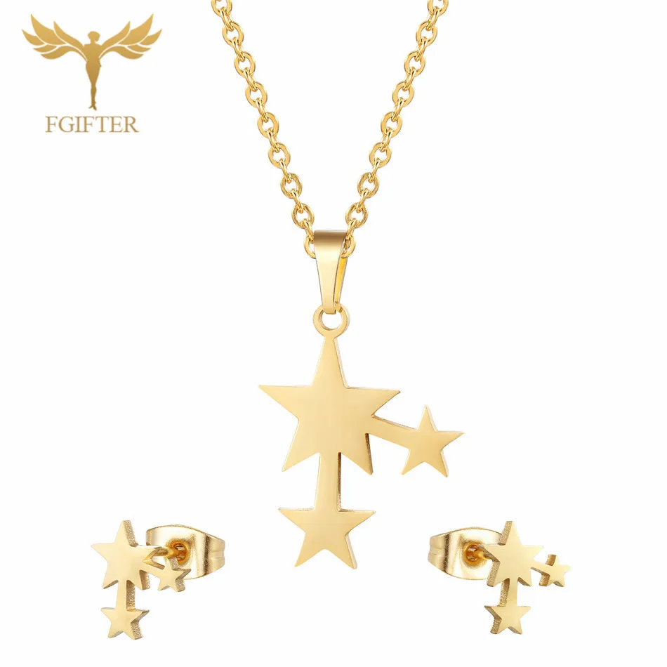 

FGifter Golden Stainless Steel Jewelry Set Three Star Earrings Stud Necklace Women's Casual Jewelry Earring Necklace