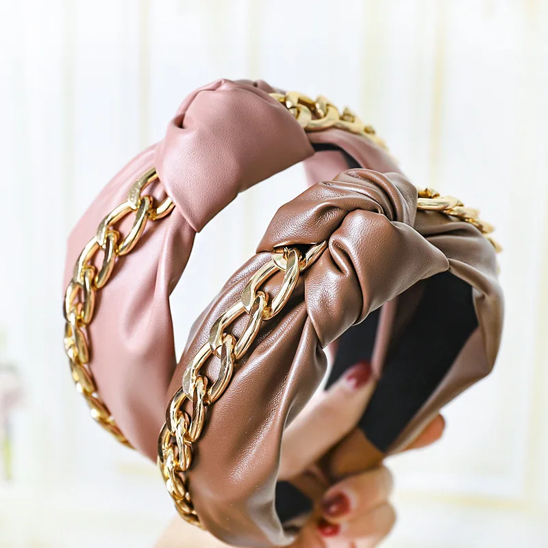 Повязка на голову женская с узлом модный ободок из искусственной кожи золотой