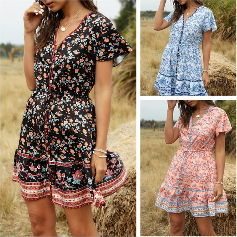 

Женское пляжное платье с принтом, однобортное платье с V-образным вырезом и короткими рукавами в богемном стиле на лето