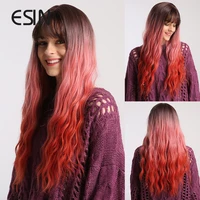esin synthetic hair dark brown root ombre to red long wavy wigs for women use and cosplay free gifts heat resistant