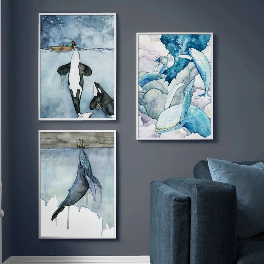 

Blue Watercolor Marine Animals Posters Nordic Big Whale Ship Sea Canvas Painting Poster and Prints Wall Art For Decorating.