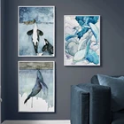 Плакаты с синими акварельными морскими животными, постеры в скандинавском стиле с изображением большого Кита, корабля, Морского Пейзажа, настенные картины для украшения.