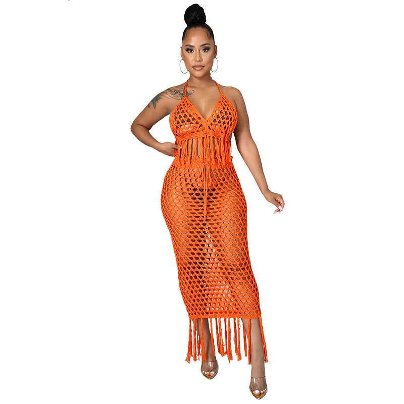 

Sexy Bikini Cover-Ups Crochet Dress 2 Piece Swimwear Set Tassel Crop Top And Skirt Beach Party Vacation Hot Summer Knit Sets