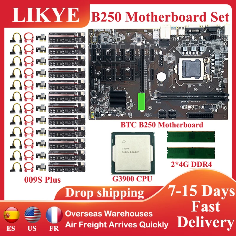 

Набор для майнинга материнской платы B250, поддержка 12 GPU LGA1151 с процессором G3900, слот PCI-E, 8/16 ГБ, 2133 МГц, Память DDR4, Биткоин, ethernet-Майнер