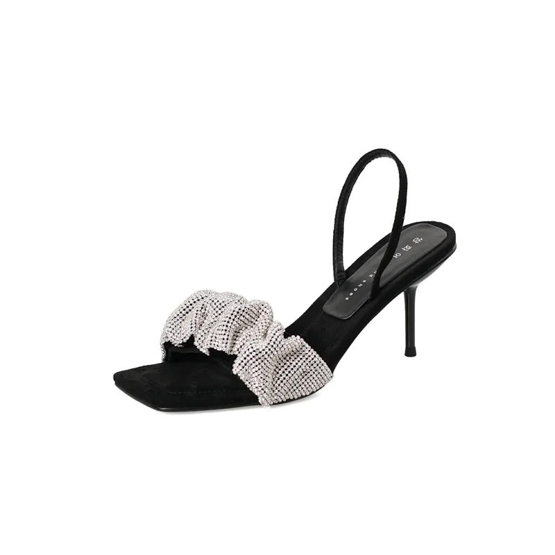 

Sandals Stiletto Heels 2021 Women's Suit Female Beige Open Toe Ladies Shoes Summer New Fashion Rhinestone Black Peep Comfort Spr