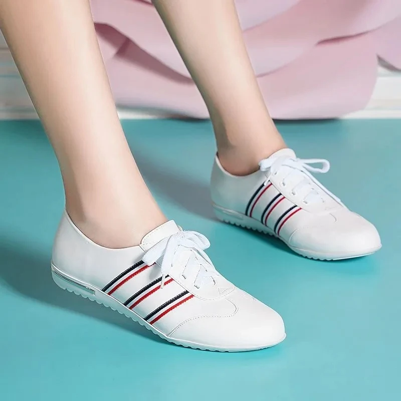 

Lightweight White Sneakers Women Girls Spring Leather Flats Size 35-42 Ladies Three-Striped Casual Sport Shoes Wedges Loafers