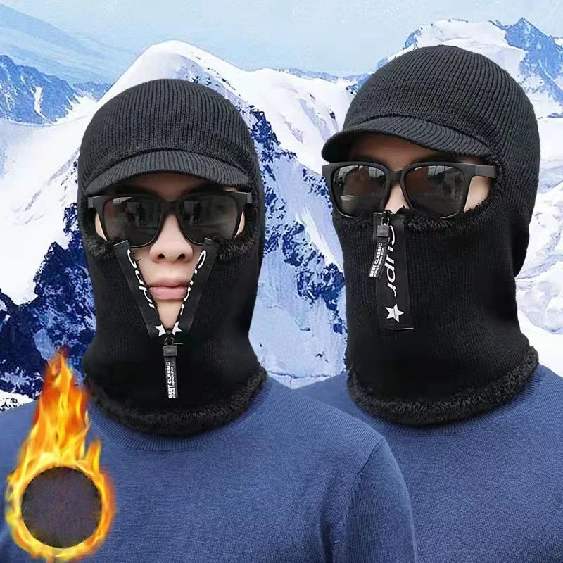 

Winter Men's One-piece Knitted Hat with Zipper Knitted Hat Outdoor Skiing Cycling Windproof and Keep Face Warm Cap Cycling Mask