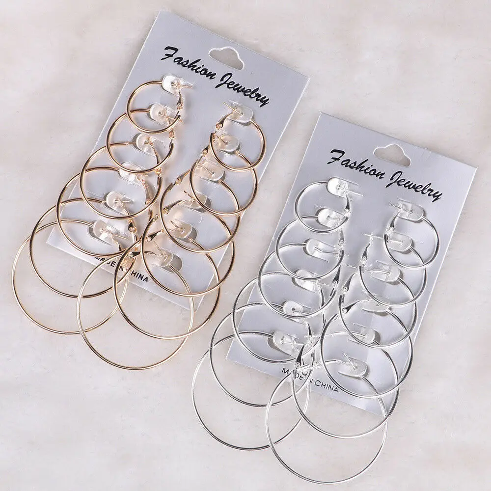 

6 Pairs /set Step Diameter Hoop Earrings Big Circle Earring Fashion Jewelry for Women Girls Steampunk Ear Clip Earrings 2020 NEW