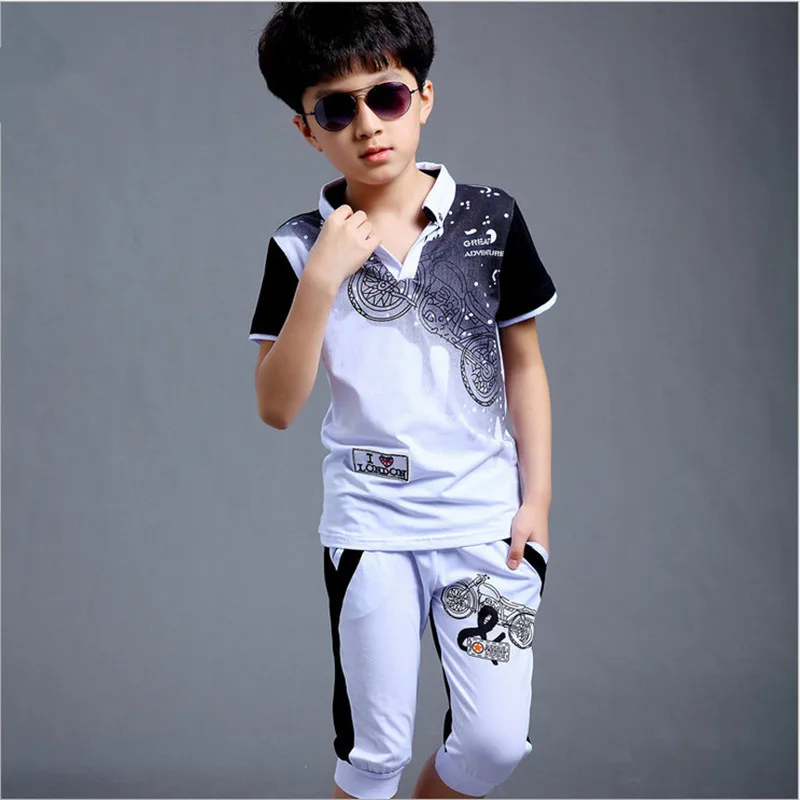 5-16T Boy Fashion Casual Sport Suit Clothing Set Motorcycle Print Short Sleeve Knitted Children Teens Clothes 2021 Summer New |