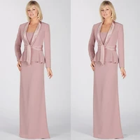 new pink chiffon mother of bride dresses scoop neck long sleeves prom dresses with jacket formal floor length mothers dress